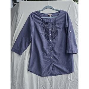 J. Jill Shirt Womens Small Blue Button Front Ruffle 3/4 Sleeve Tunic Top